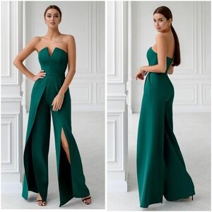 Elagia Emerald Green Strapless Wide Leg Jumpsuit with Front Slit Overlay Large